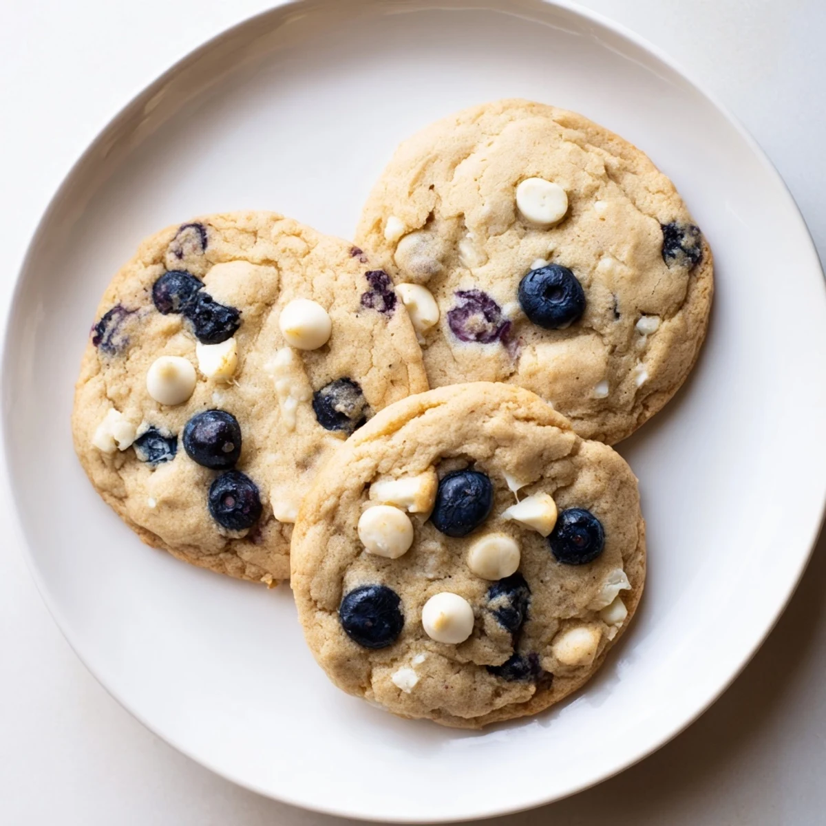 Close up of tangy lemon blueberry cookies showing white chocolate chips and plump blueberries throughout
