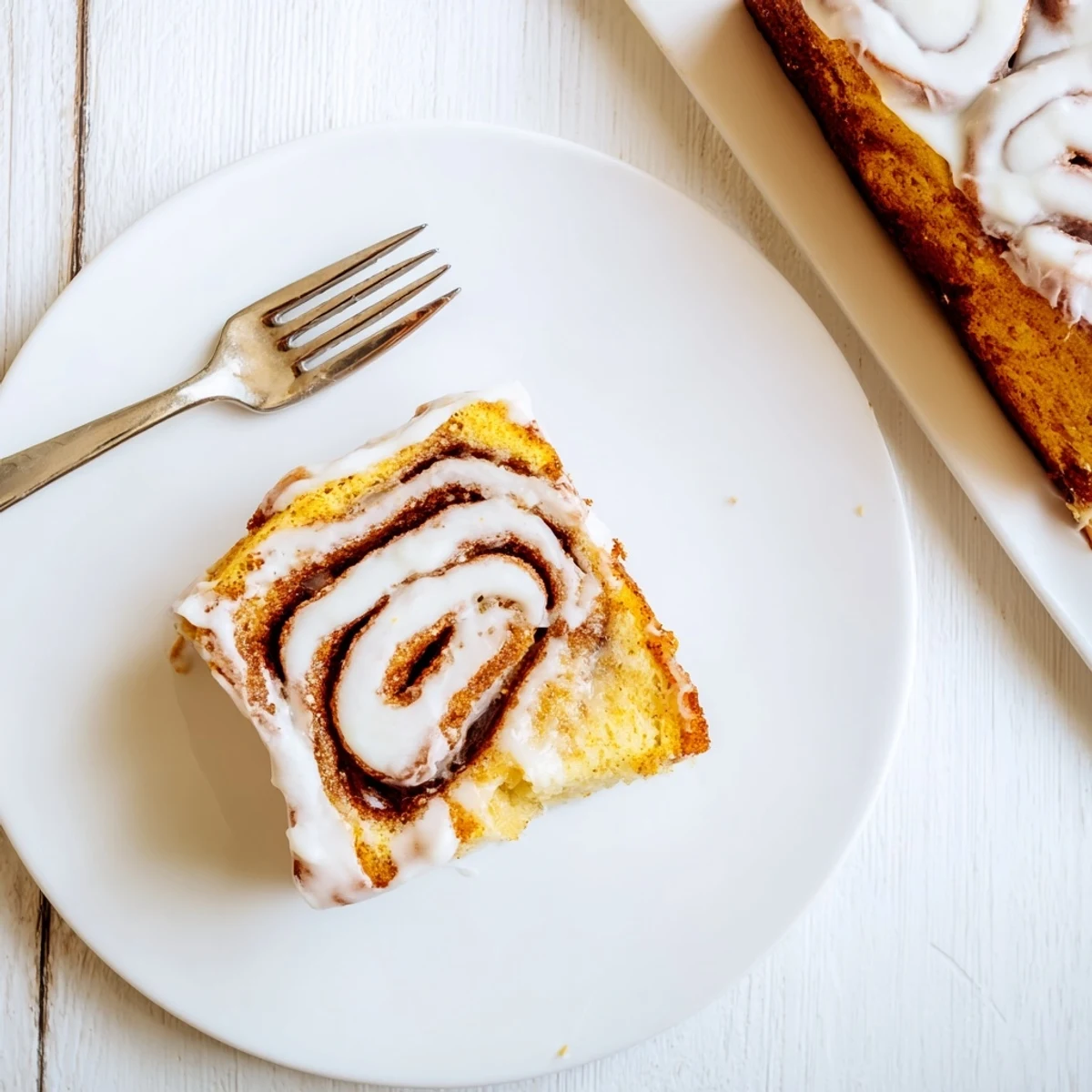 Soft swirled cinnamon roll cake baked to golden perfection with sweet ribbons throughout and white glaze