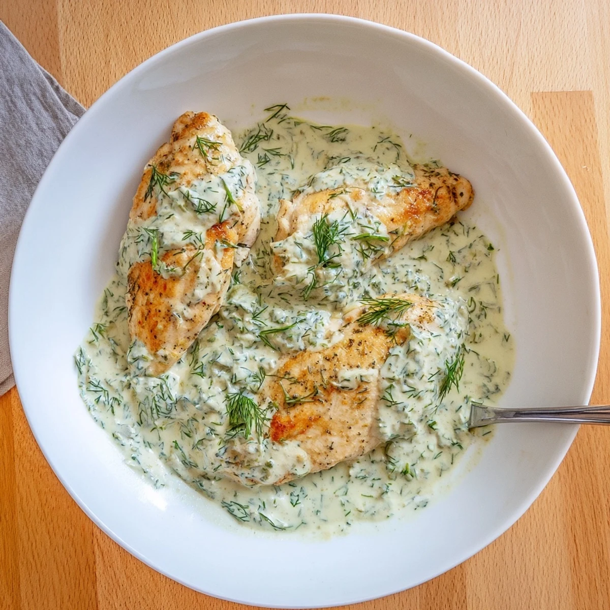 Tender creamy dill chicken plated with fresh herb garnish on a white dinner plate