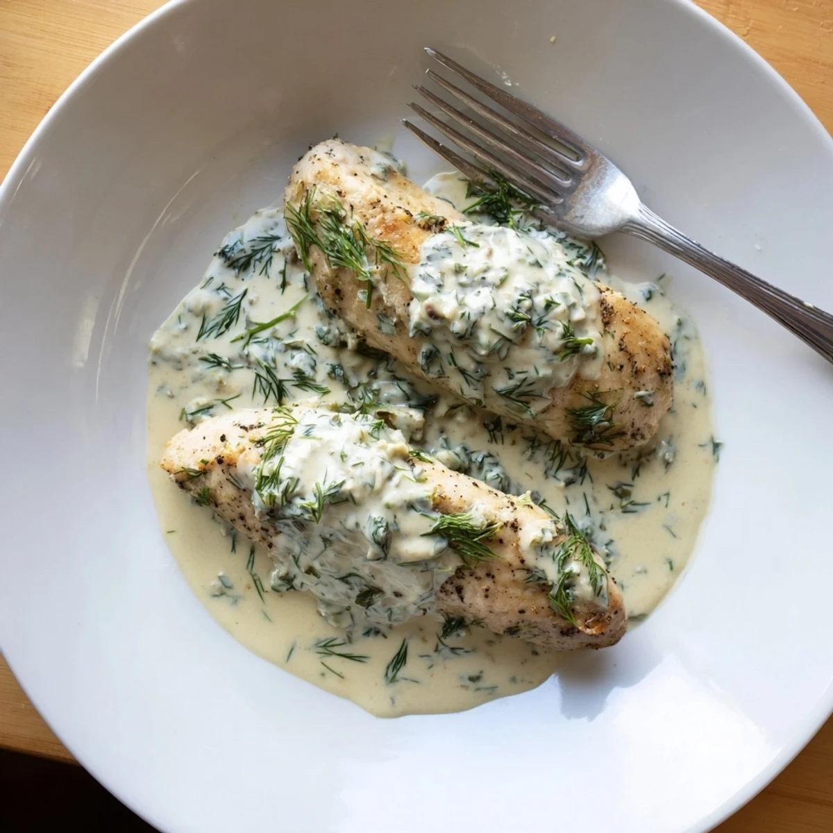 Savory chicken simmered in thick dill cream sauce served over buttered noodles with parsley