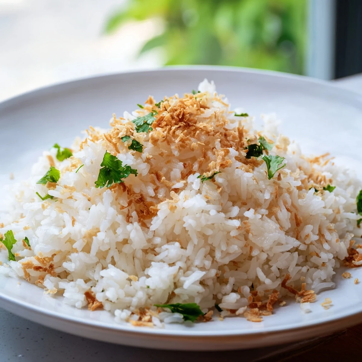Fluffy coconut rice garnished with toasted coconut flakes and fresh cilantro in a serving bowl