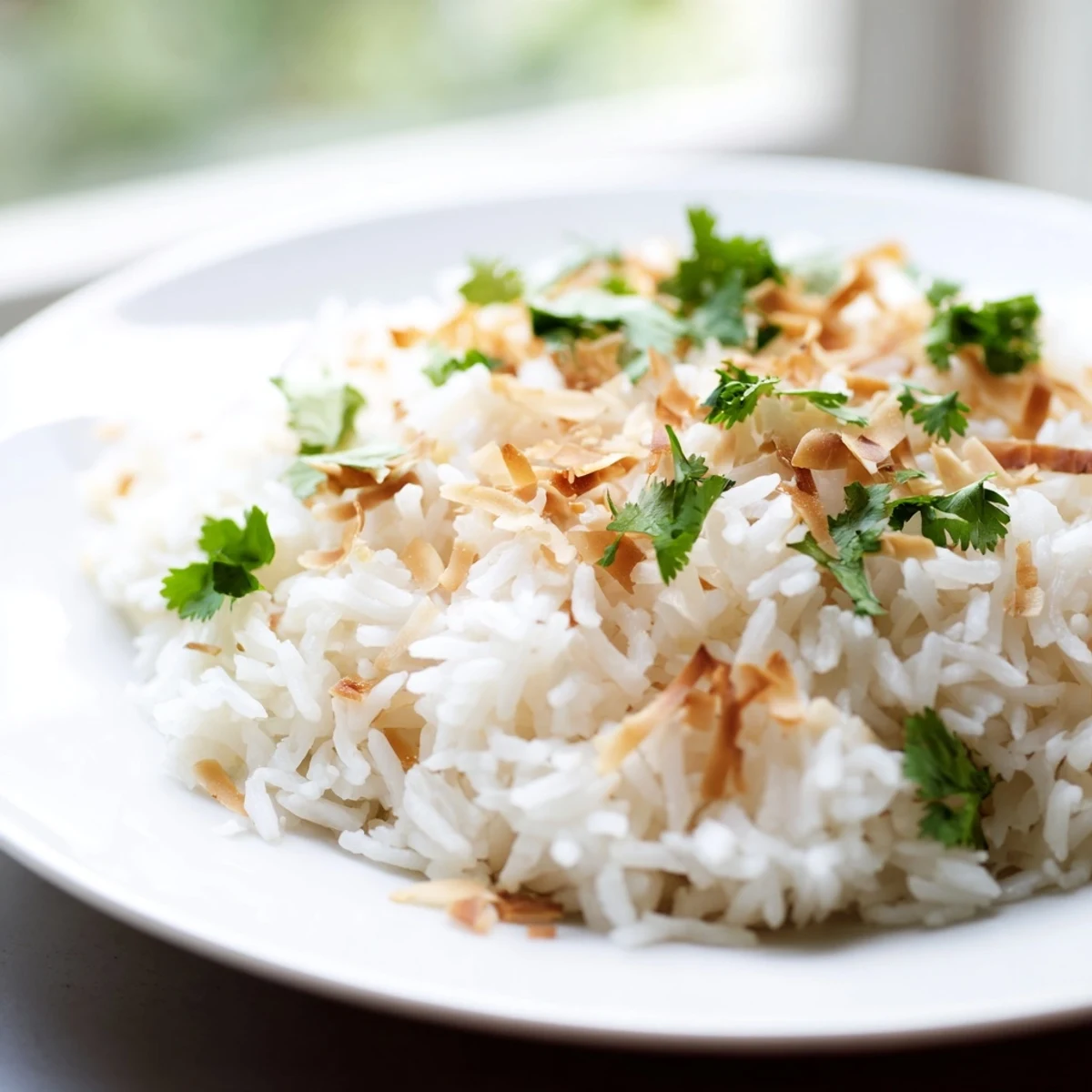 Creamy coconut rice with tender grains and optional cilantro garnish ready for curry pairing