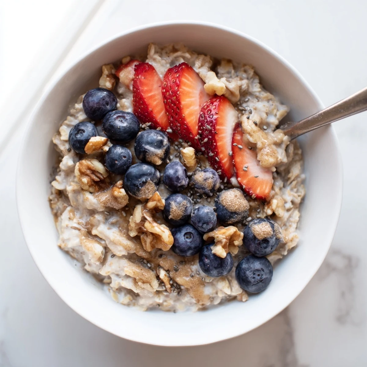 Creamy brown sugar overnight oats topped with fresh berries and crunchy nuts in a glass jar