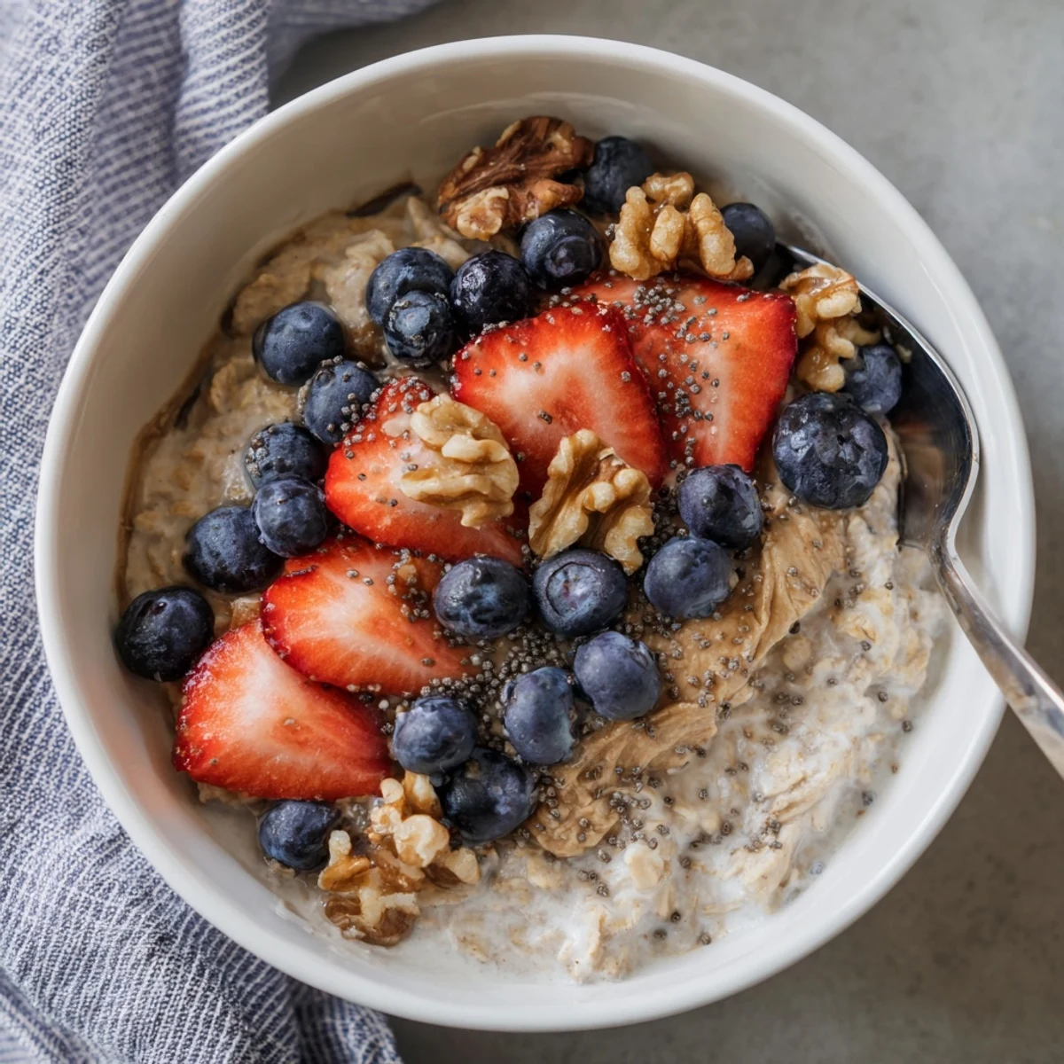 Wholesome brown sugar overnight oats breakfast with sliced banana and chia seeds in a white bowl