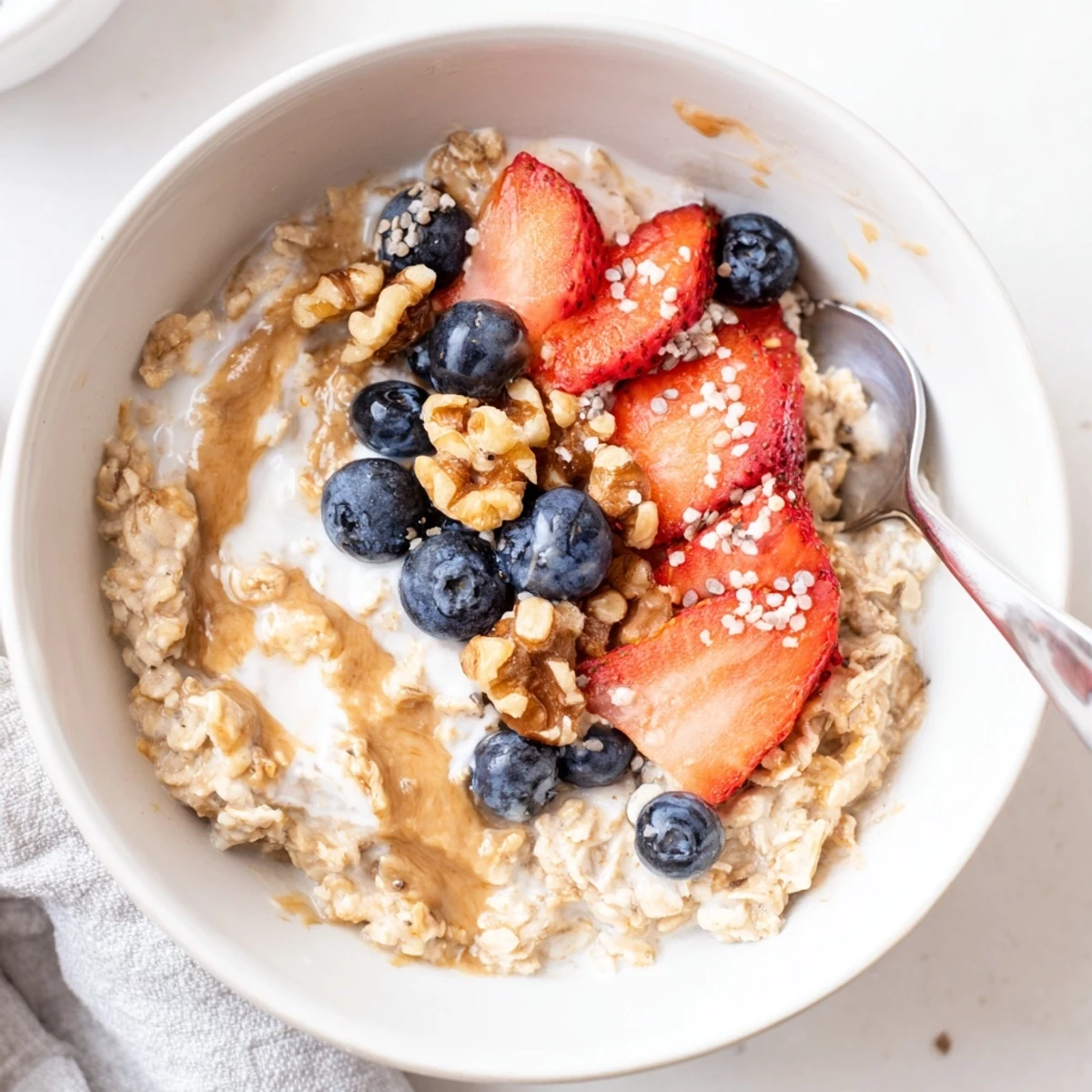 Rich brown sugar overnight oats layered with yogurt, vanilla, and colorful fruit toppings ready to eat