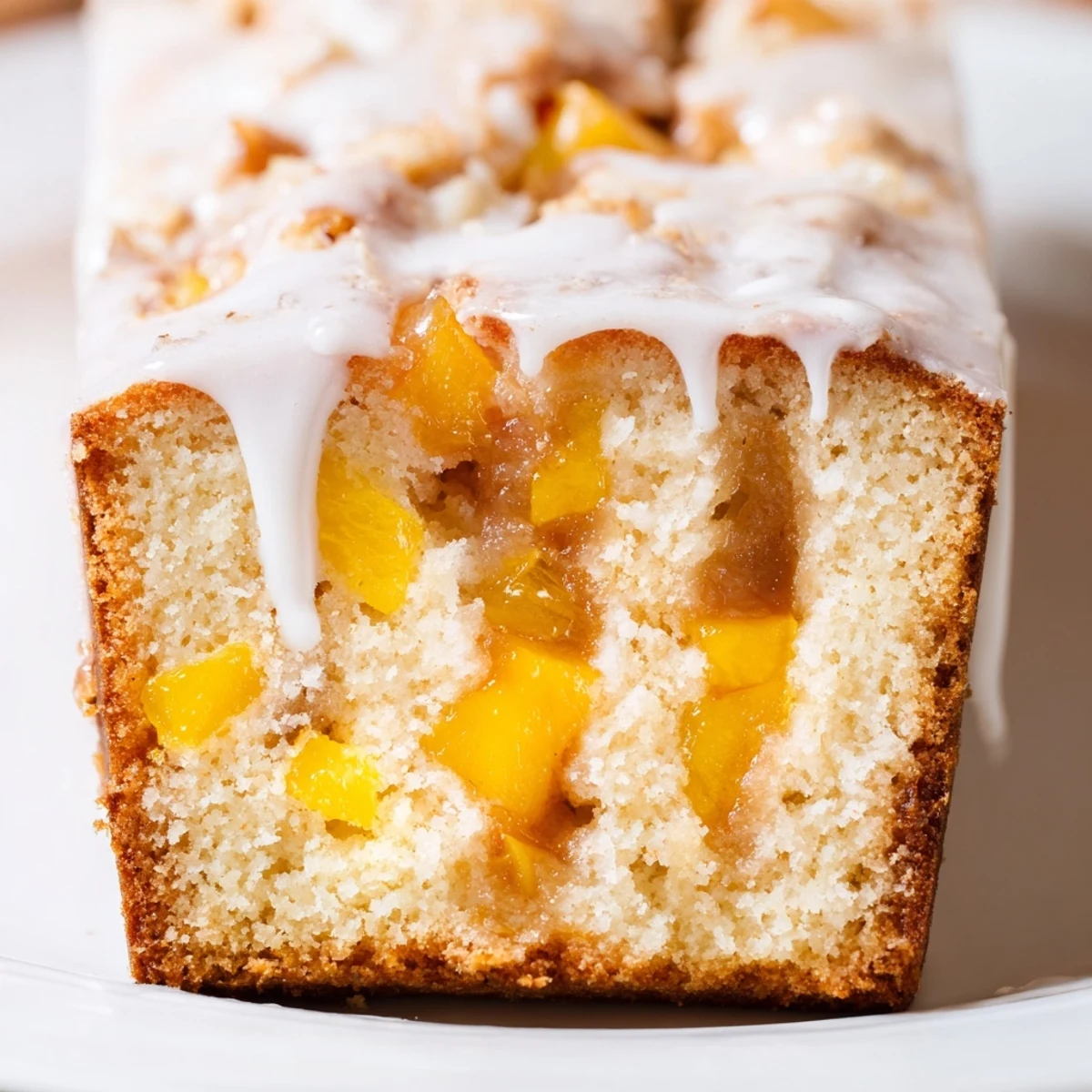 Golden peach cobbler pound cake drizzled with vanilla glaze on a rustic wooden board
