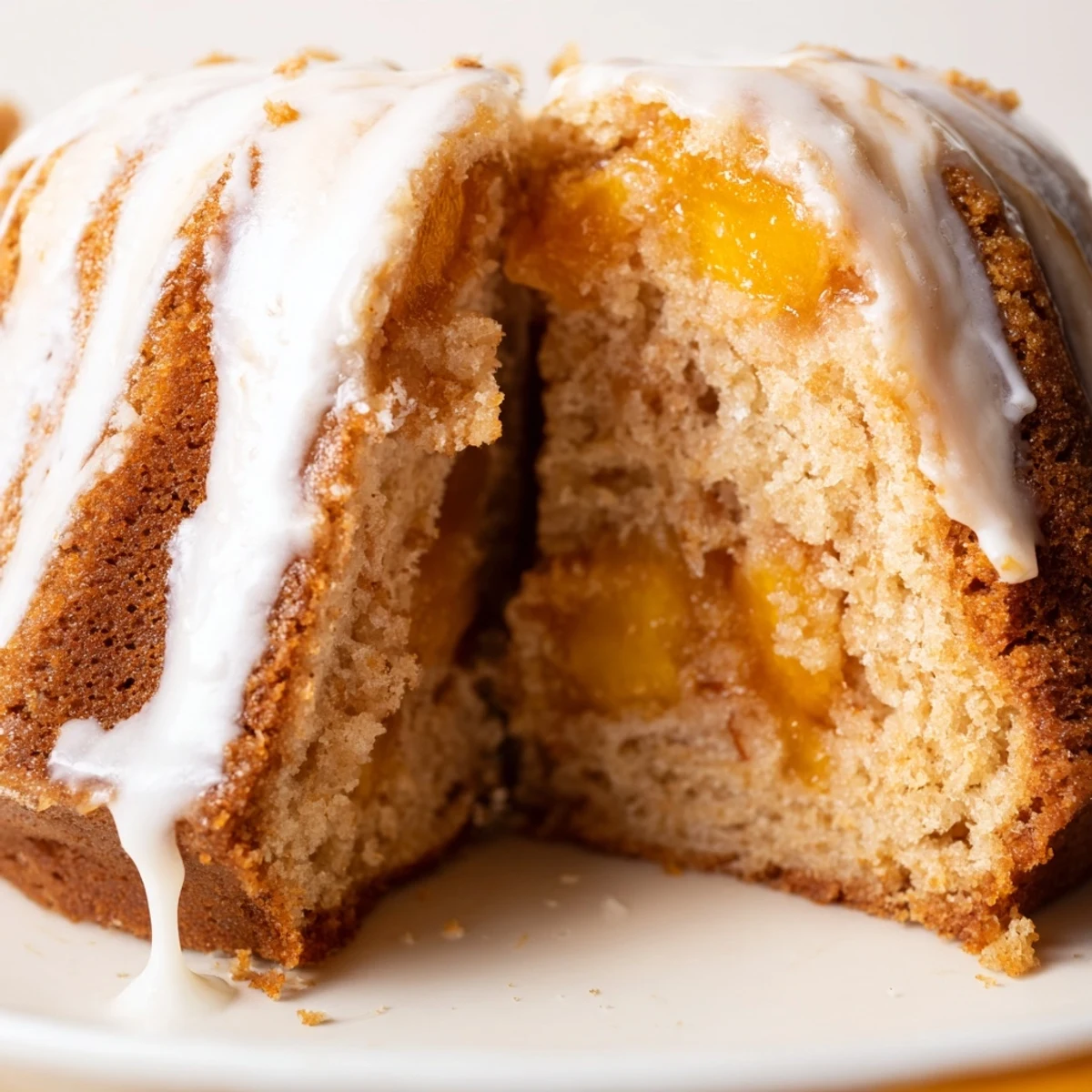 Buttery pound cake swirled with spiced peach filling and topped with sweet white icing