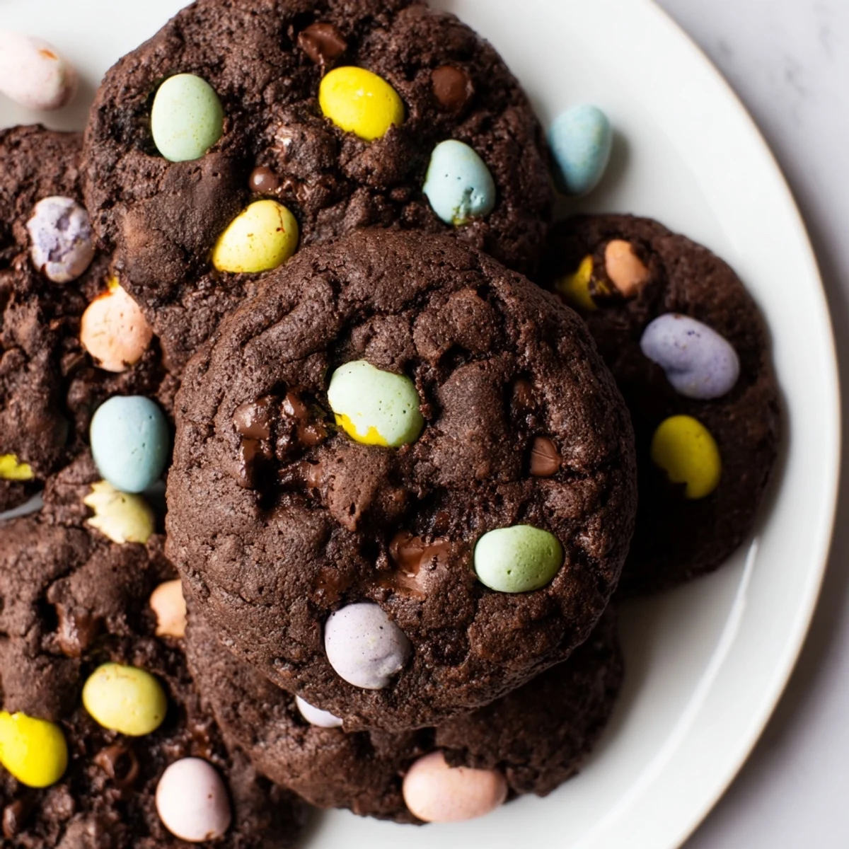 Soft Easter chocolate cookies studded with chips and topped with colorful candy-coated eggs
