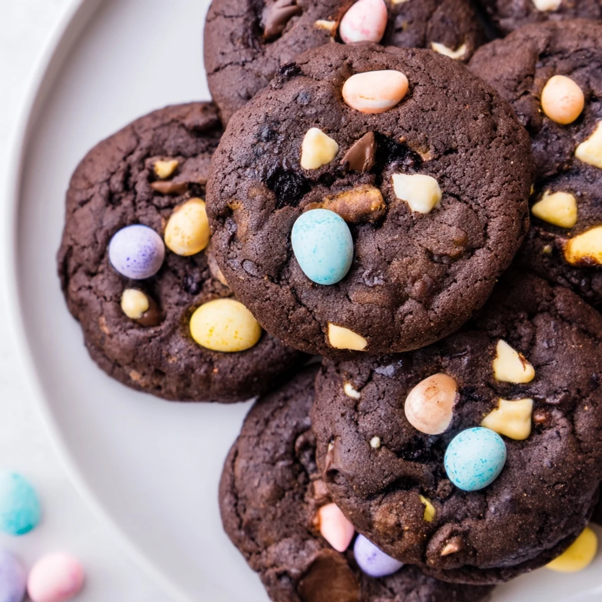 Freshly baked chocolate Easter cookies with melty chips and pastel candy egg decorations