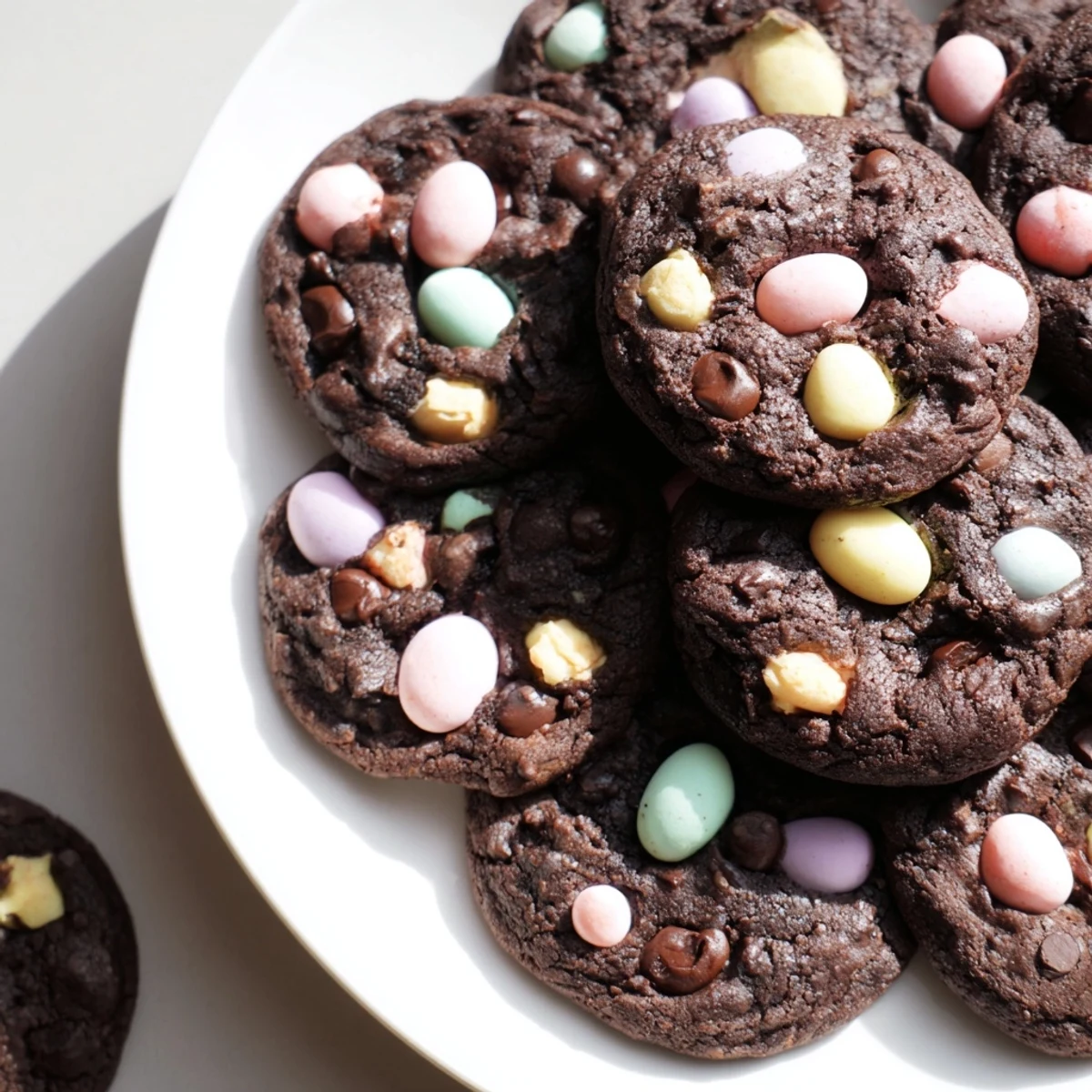 Rich cocoa Easter cookies featuring chocolate chips and festive candy egg toppings