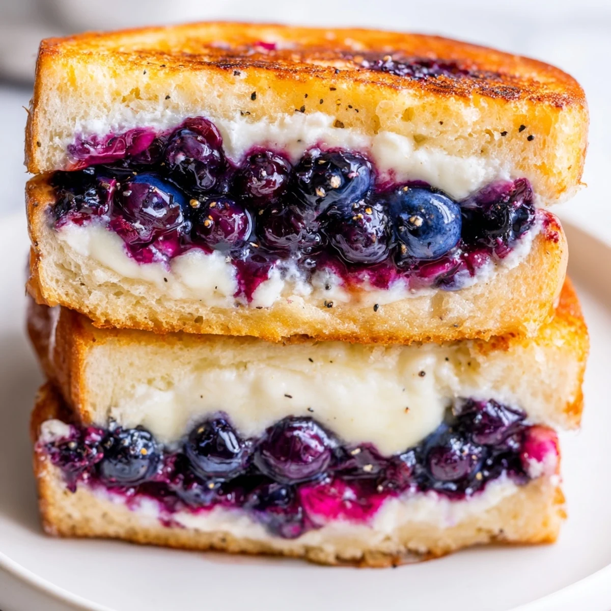 Sliced blueberry grilled cheese revealing oozing cheese and fruit on white plate