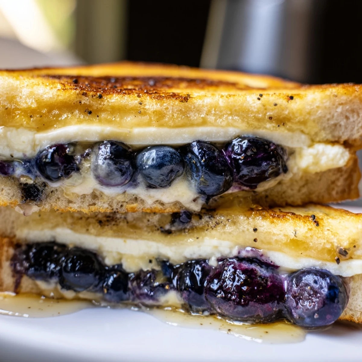 Buttery sourdough grilled cheese with sweet blueberries and melted cheese filling