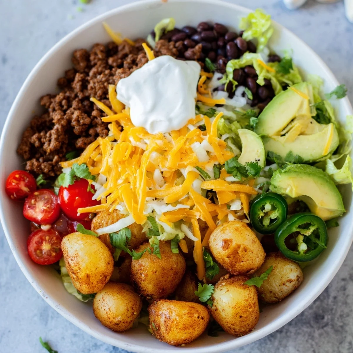 Golden roasted potato taco bowl topped with seasoned beef, melted cheddar, fresh avocado, and vibrant cilantro