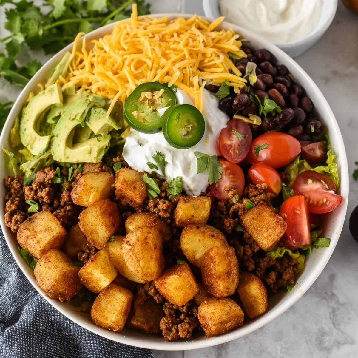 Hearty loaded potato taco bowl featuring crispy potatoes, zesty taco meat, black beans, and creamy sour cream