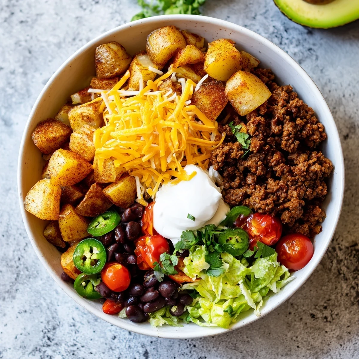 Colorful Tex-Mex loaded potato taco bowl piled high with ground beef, tomatoes, cheese, and shredded lettuce
