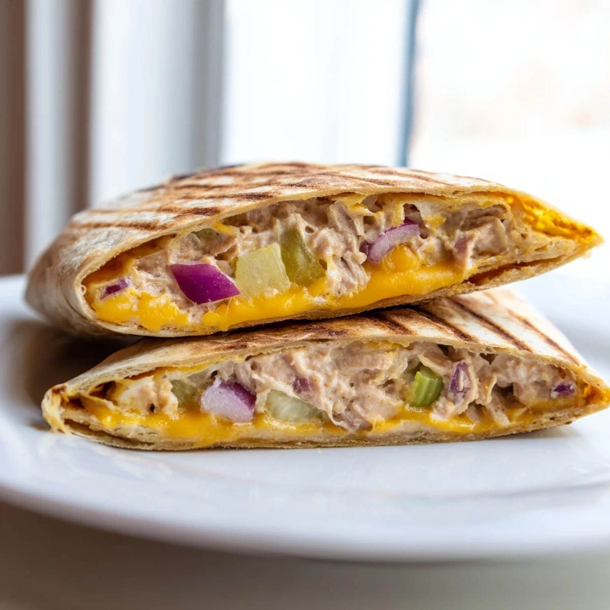 Cheesy Tuna Melt Wrap cross-section showing layers of tomato, onion, and oozing cheddar cheese