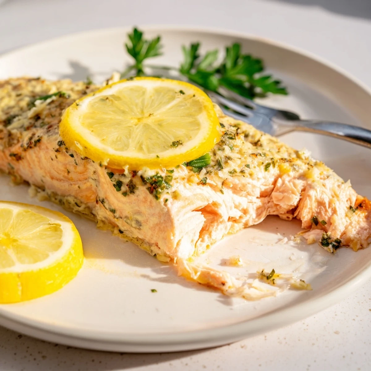 Golden baked salmon fillets glazed with lemon garlic butter and fresh dill garnish