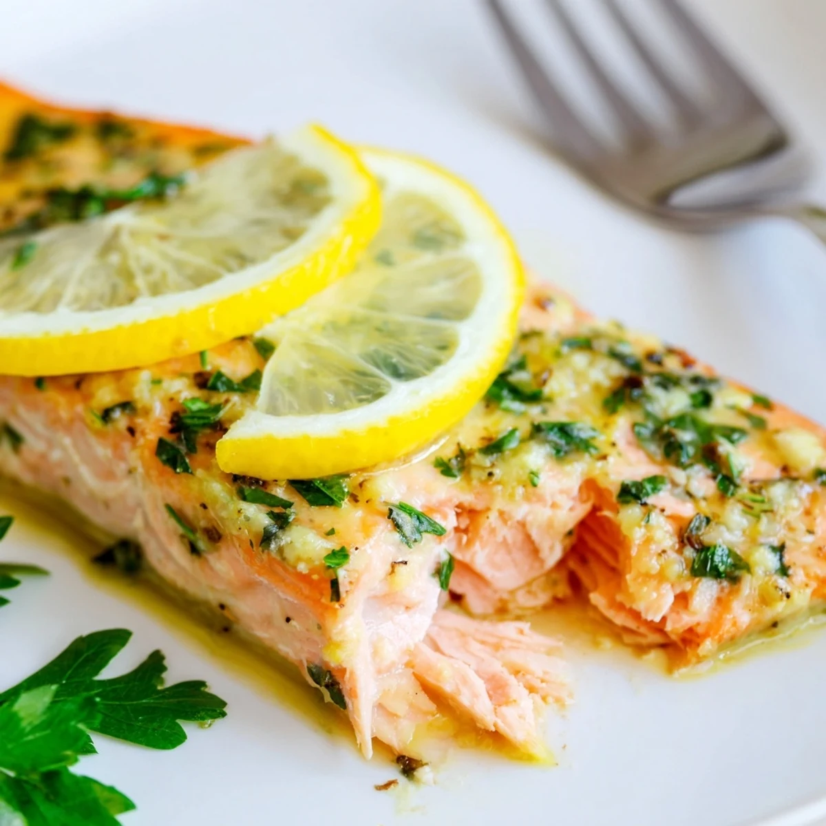 Flaky baked salmon resting on a baking sheet with melted herb butter sauce
