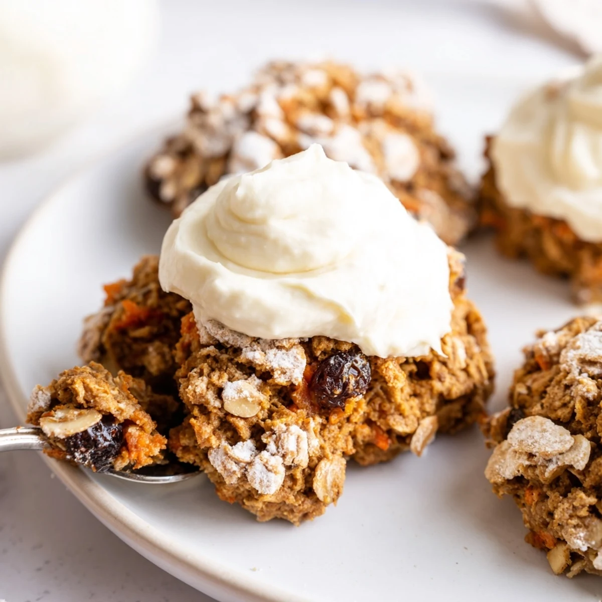 Soft baked carrot cake cookies topped with swirls of creamy cream cheese frosting
