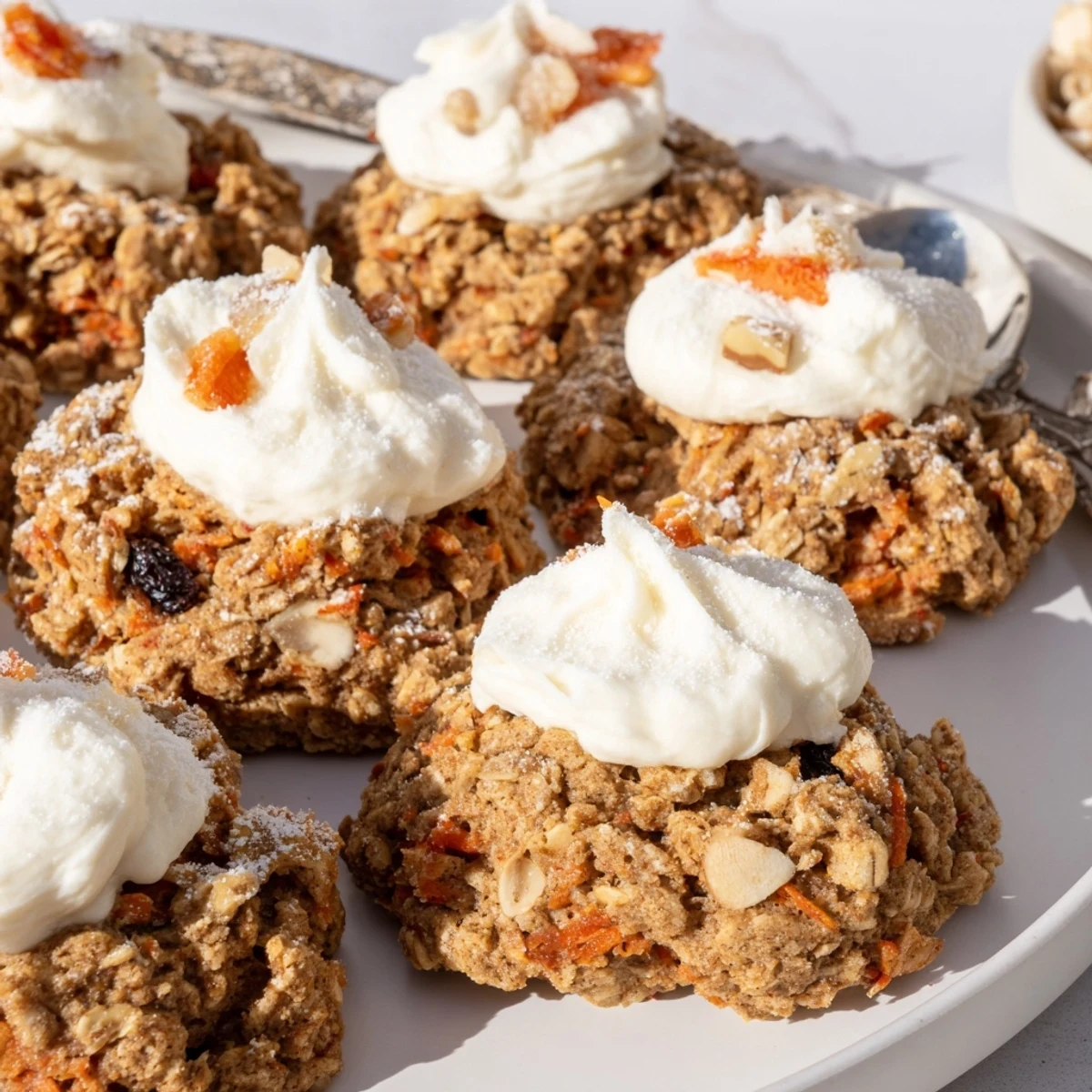 Frosted carrot cake cookies piled high on a wooden board with visible oat and raisin texture