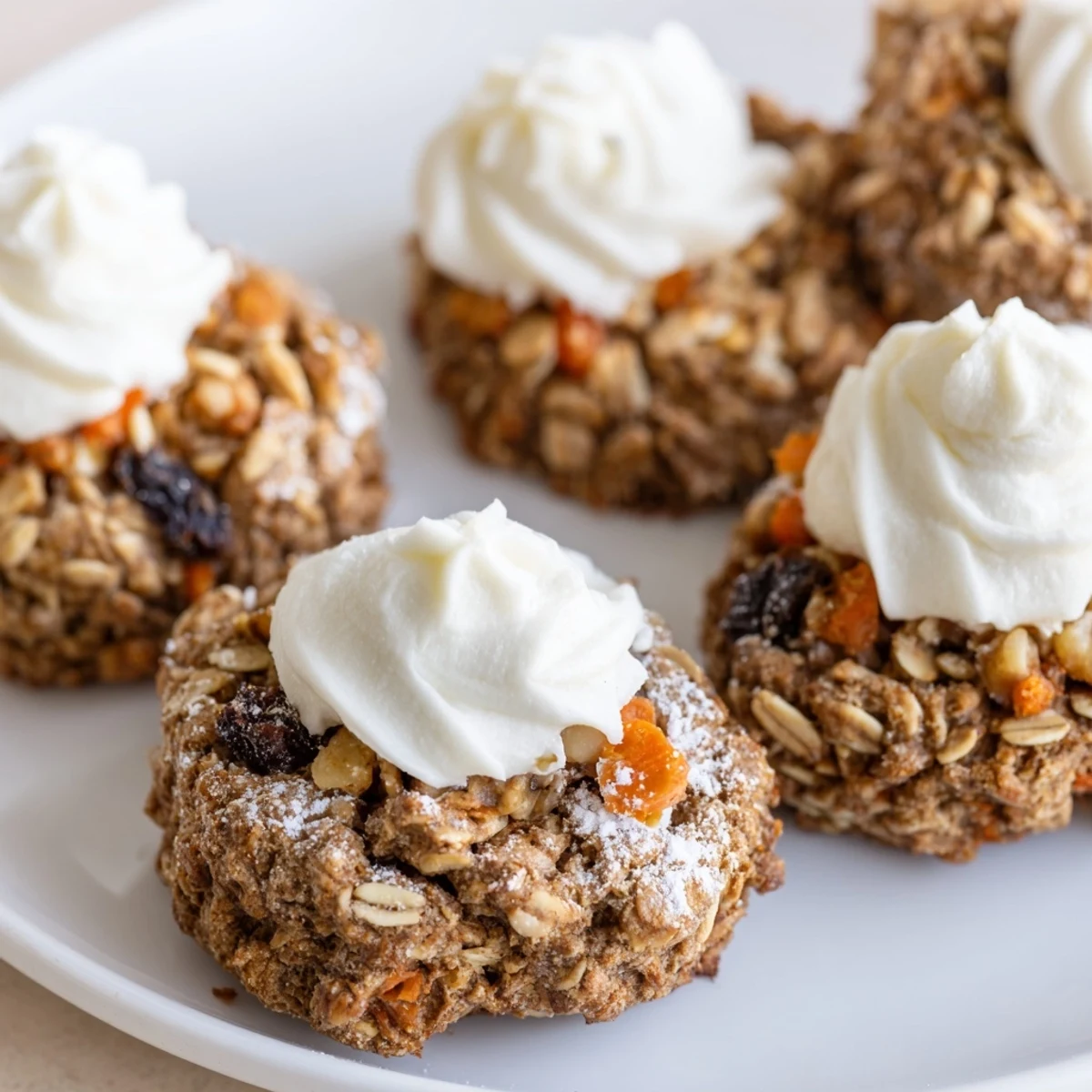 Golden spiced carrot cake cookies studded with grated carrots and walnuts on a white plate