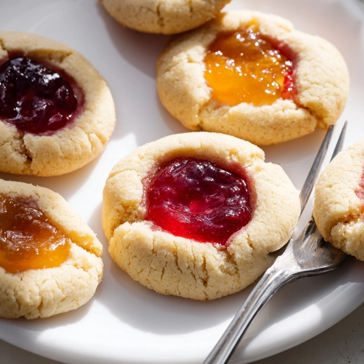 Buttery thumbprint cookies filled with vibrant fruit preserves cooling on a wire rack