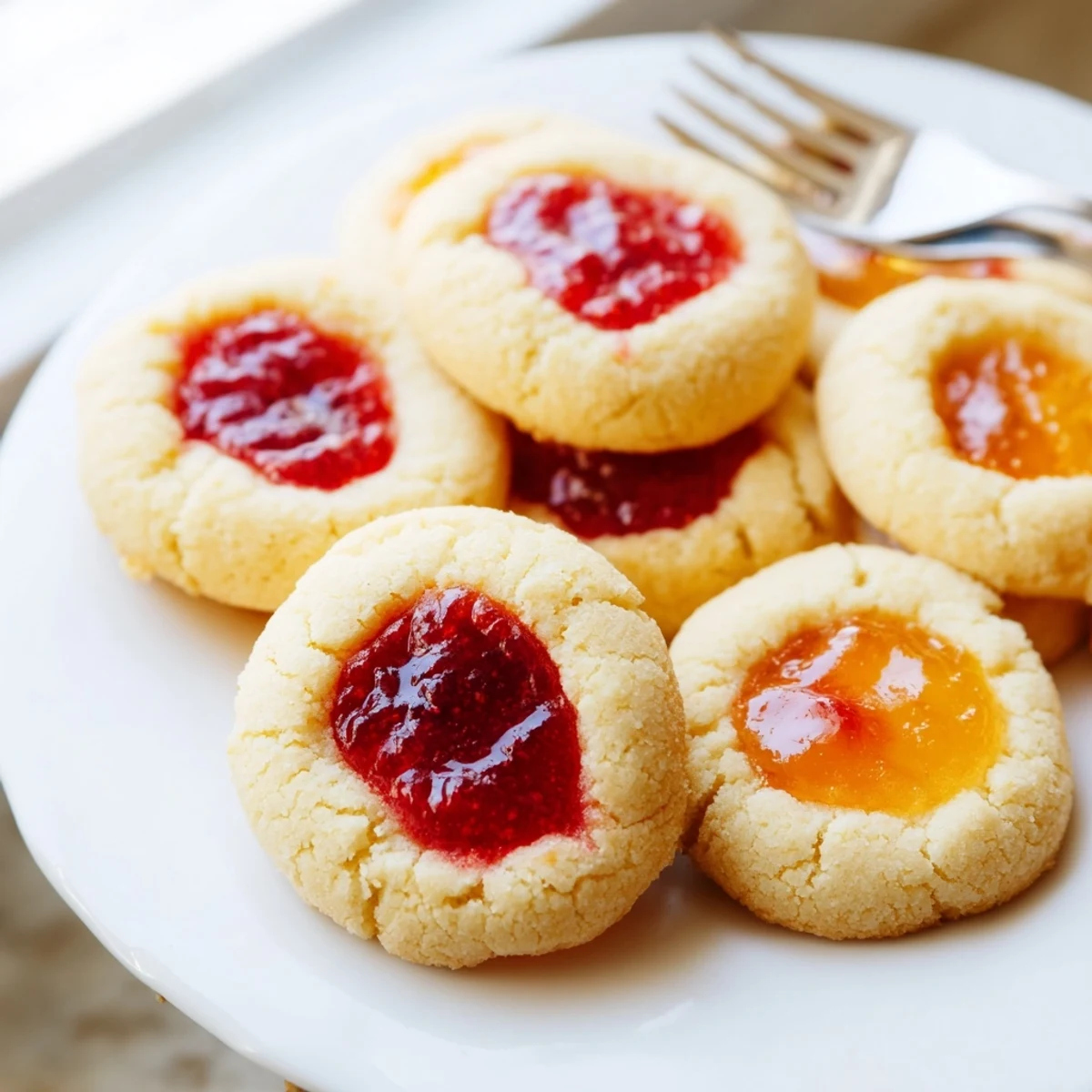 Golden fruity thumbprint cookies feature raspberry jam centers on a white baking sheet