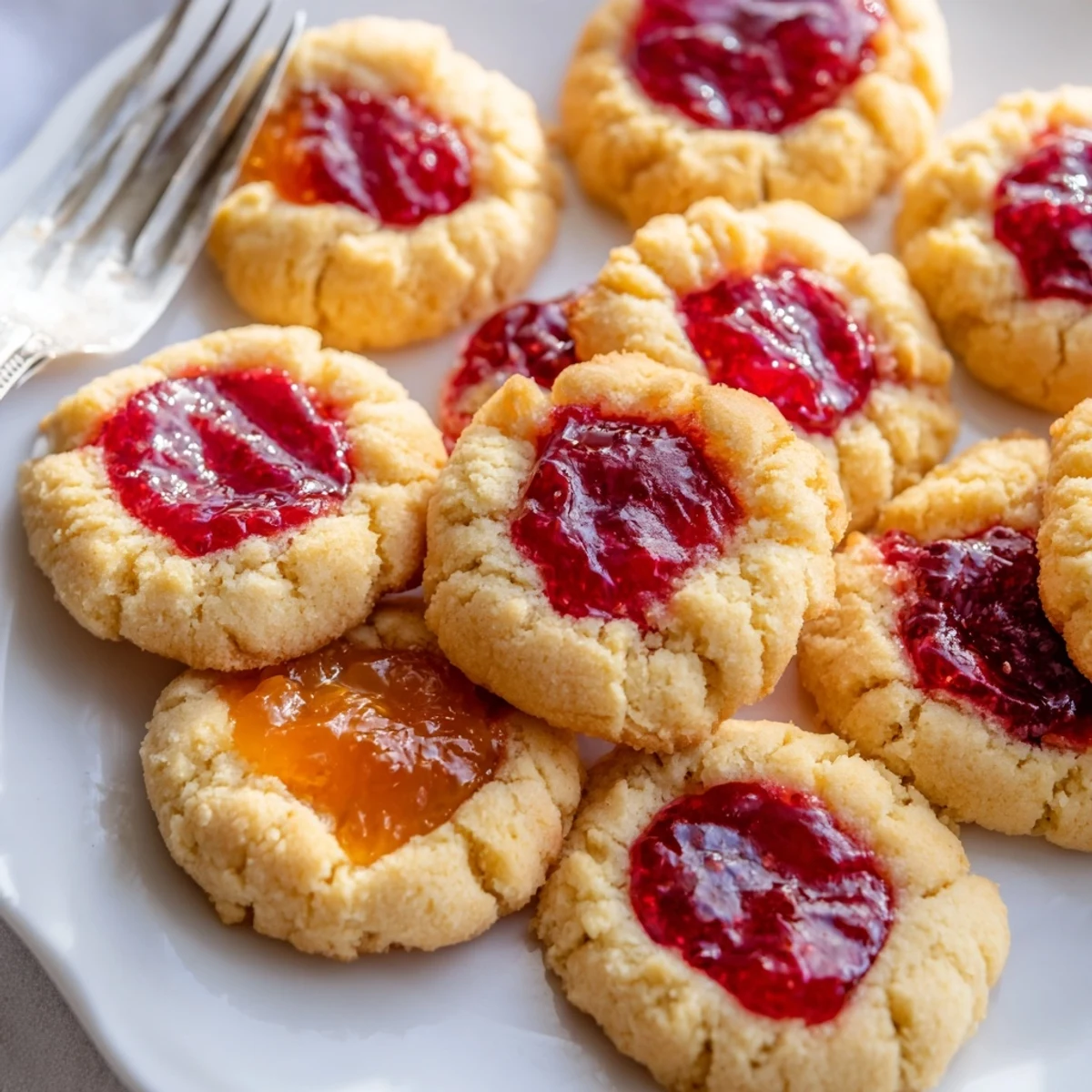 Homemade fruity thumbprint cookies with colorful strawberry and apricot jams ready for serving