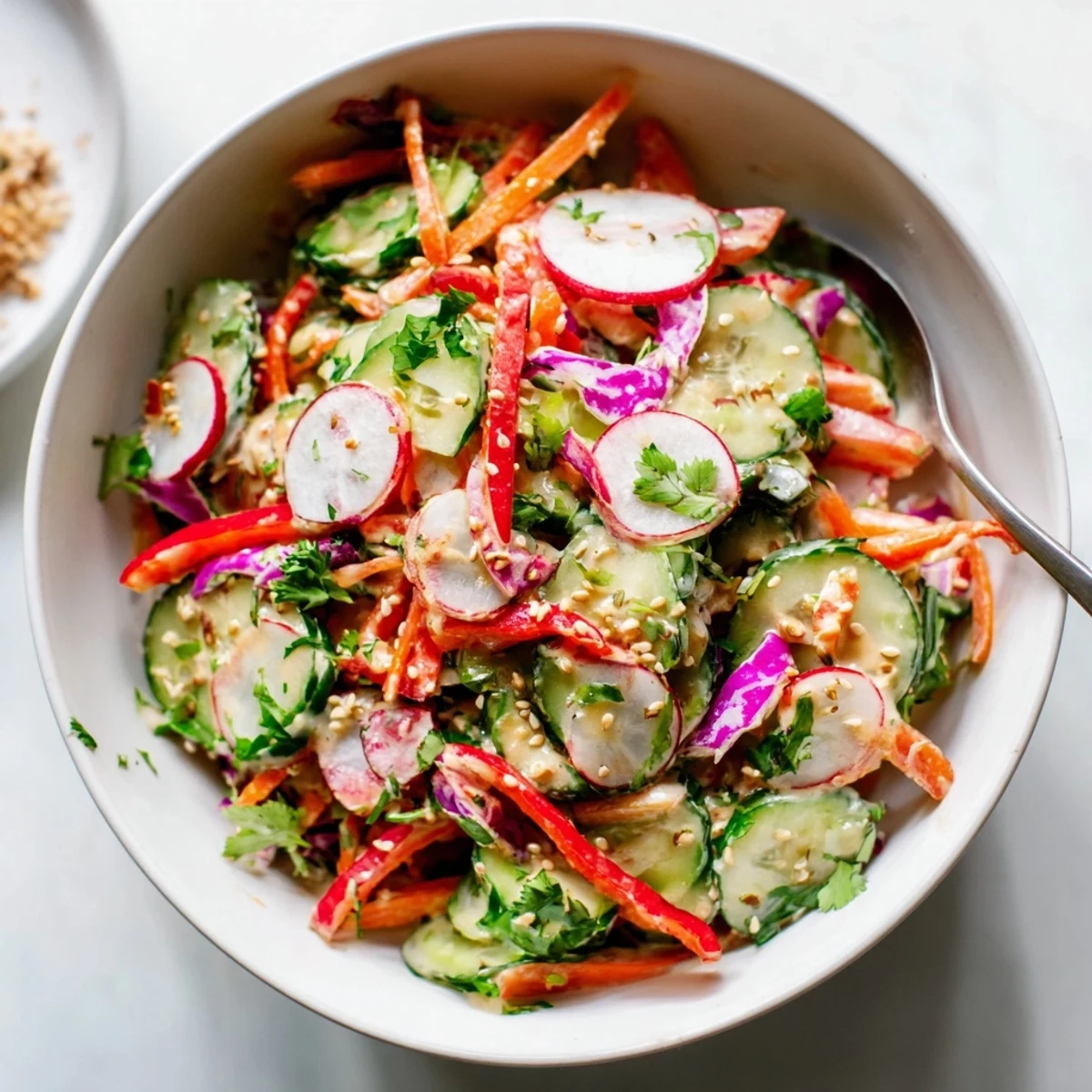 Vibrant cucumber salad bowl featuring crisp vegetables coated in rich Asian-inspired sesame cream sauce