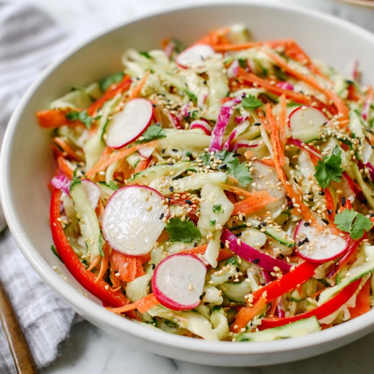 Fresh colorful vegetables tossed in creamy sesame dressing garnished with cilantro and sesame seeds