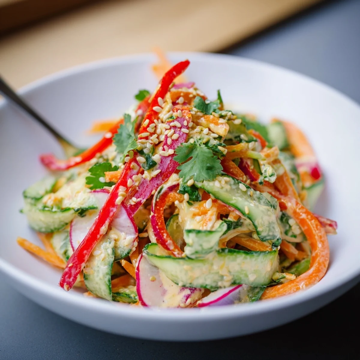 Sliced cucumbers and colorful vegetables drizzled with creamy dressing topped with fresh herbs and seeds