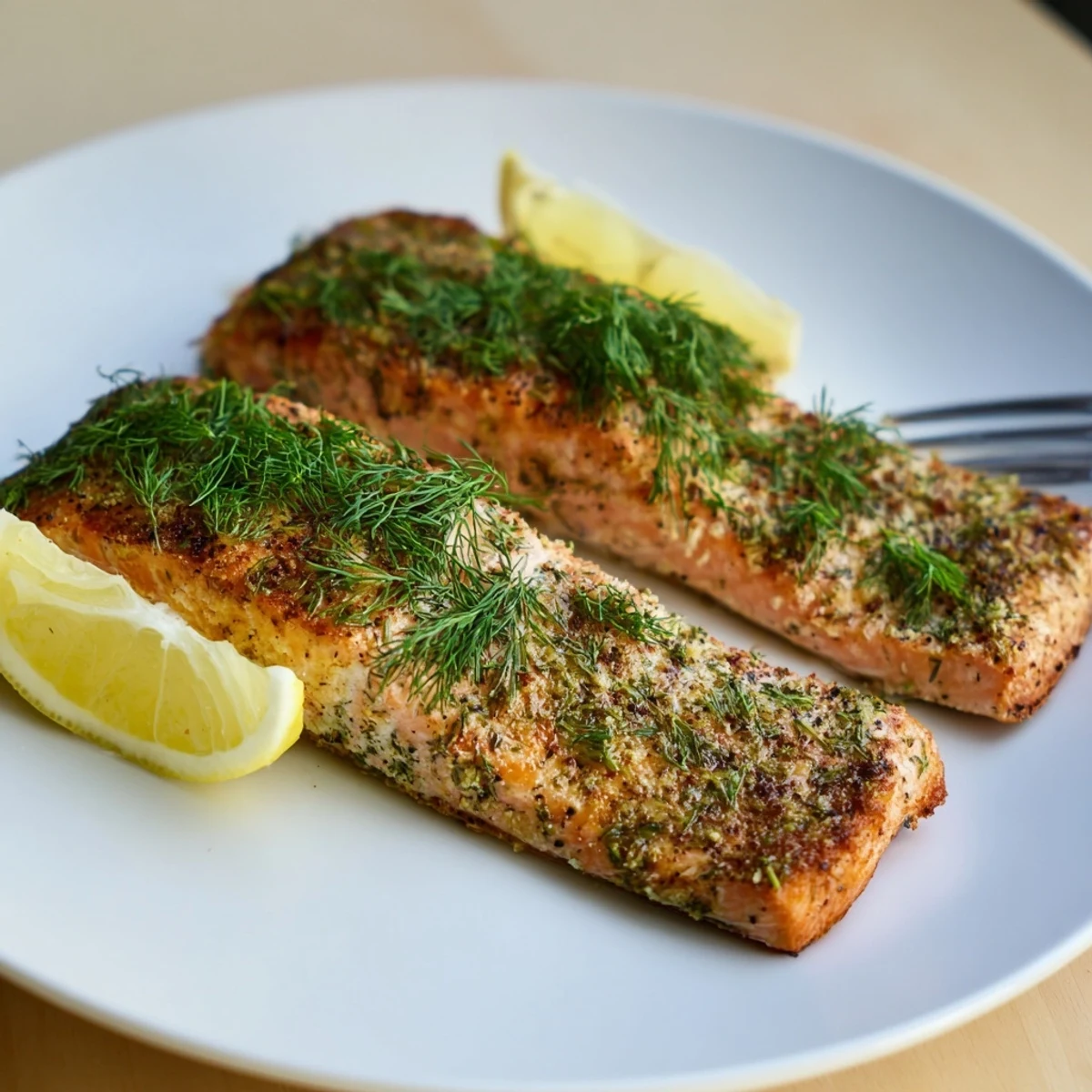 Juicy Air Fryer Salmon cooked to perfection with zesty lemon and aromatic smoked paprika