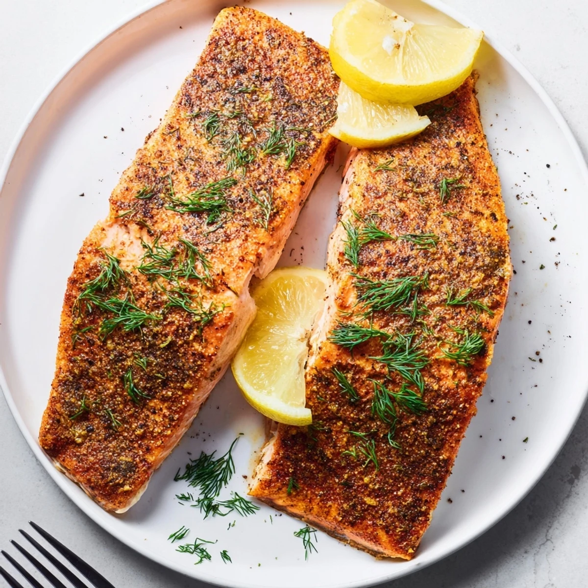 Gloriously golden Air Fryer Salmon garnished with fresh dill and bright lemon wedges for serving
