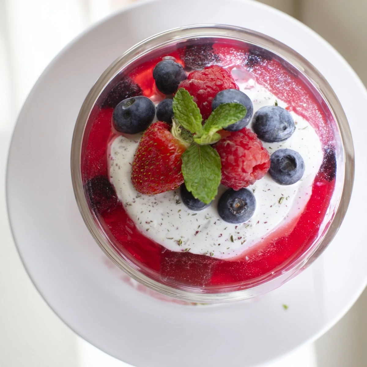 Glass serving dish showcasing layered vanilla mousse berry jello dessert with fresh strawberry and raspberry garnish