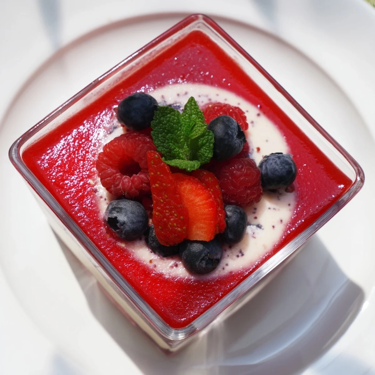 Elegant vanilla mousse berry jello parfaits with whipped cream topping and mixed fresh berry garnish