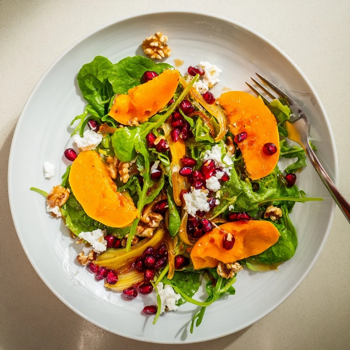 Vibrant persimmon salad with apple cider vinaigrette topped with pomegranate seeds, walnuts, and crumbled goat cheese