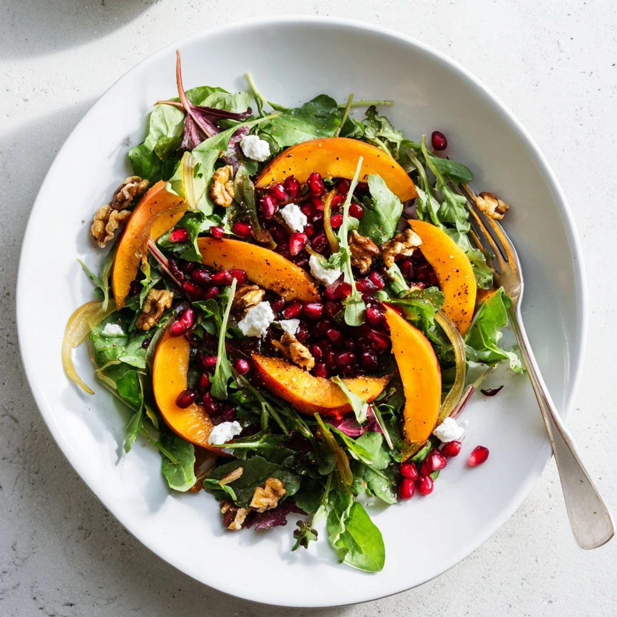 Fresh persimmon salad featuring fennel, mixed greens, and tangy apple cider vinaigrette drizzled over colorful ingredients