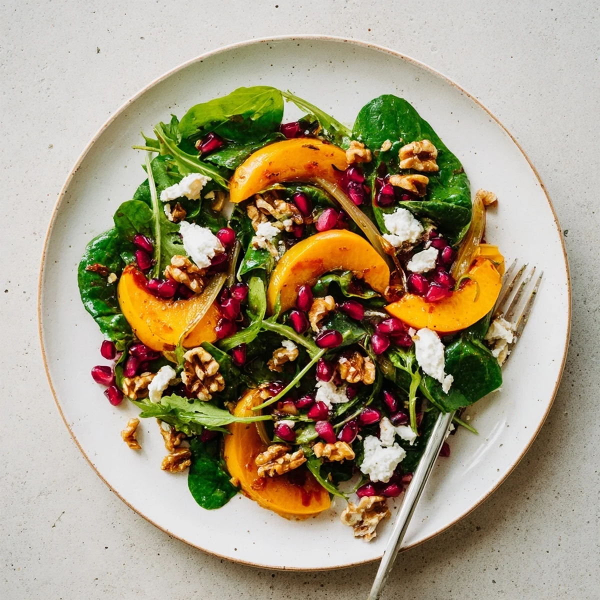 Golden persimmon salad with apple cider vinaigrette showcasing peppery arugula, toasted walnuts, and bright pomegranate arils