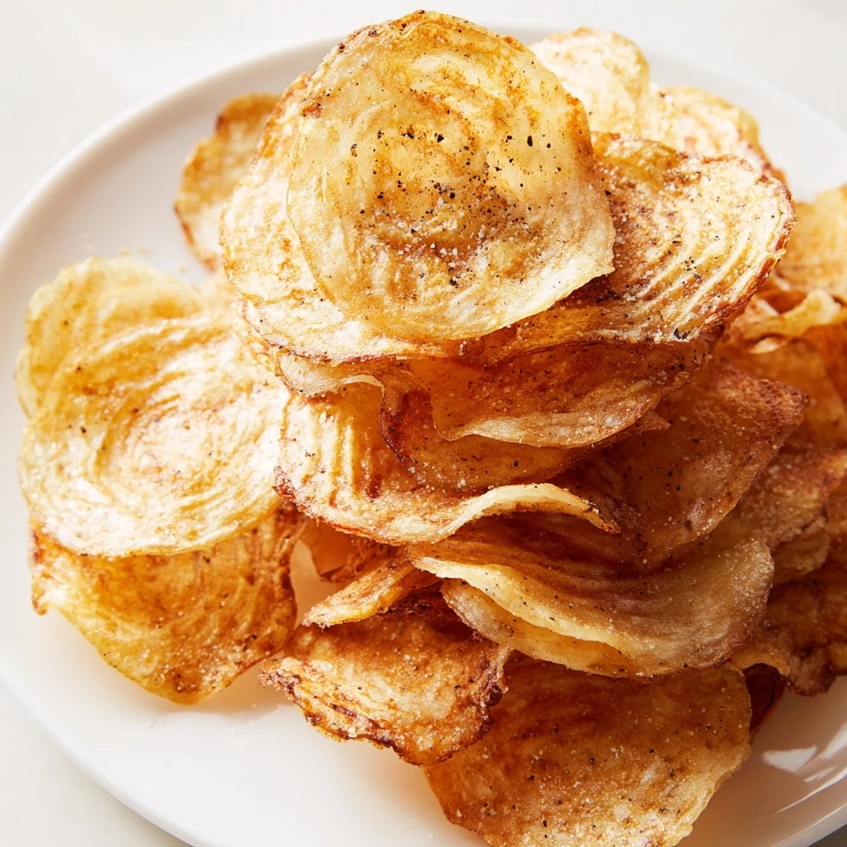 Ultra-thin fried potato chips arranged on white paper towels, perfectly golden brown