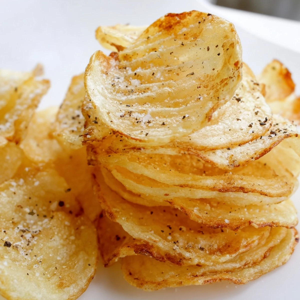 Freshly made crispy potato chips scattered with black pepper and coarse salt