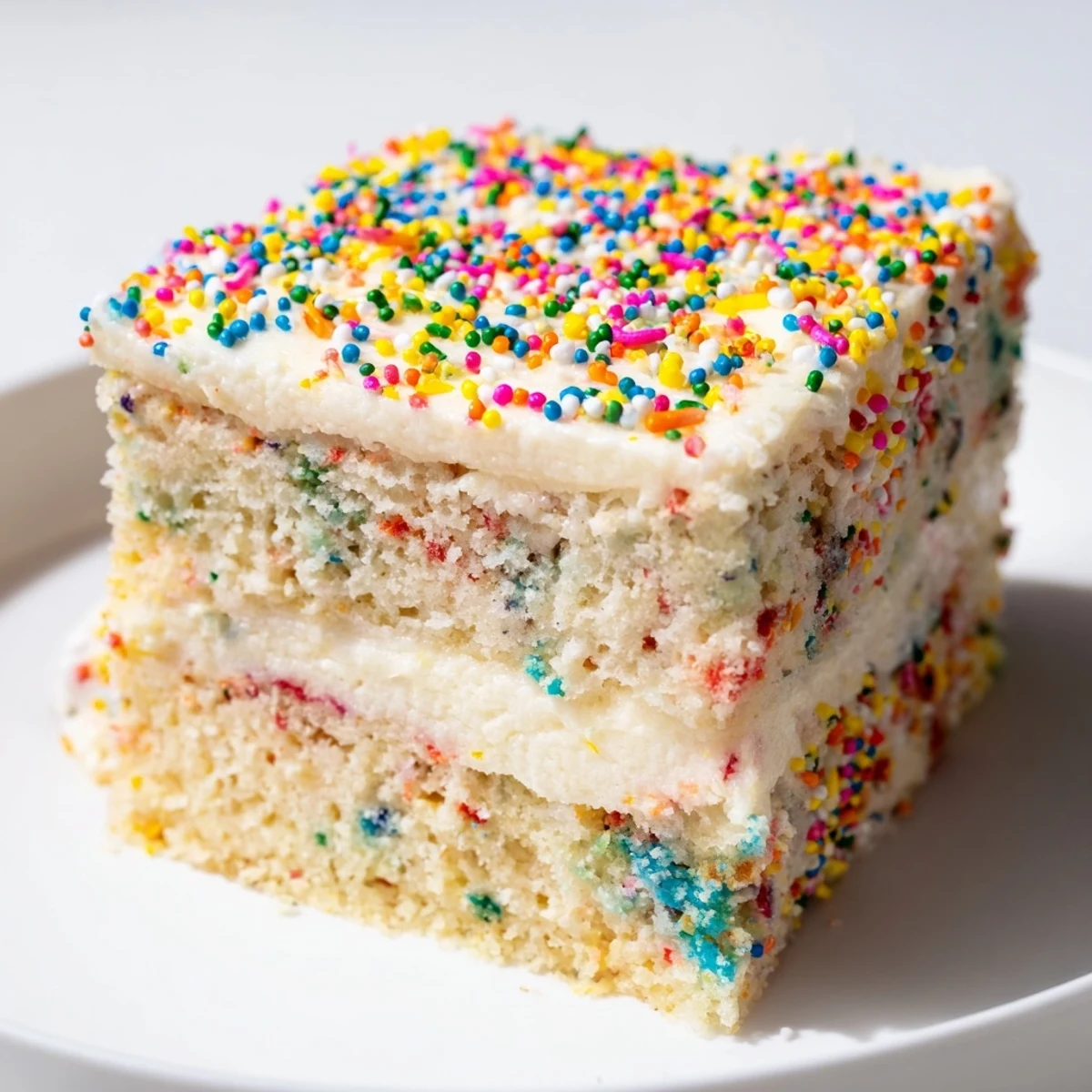 Big batch confetti cake slice revealing rainbow sprinkles nestled in fluffy vanilla layers beneath thick buttercream frosting