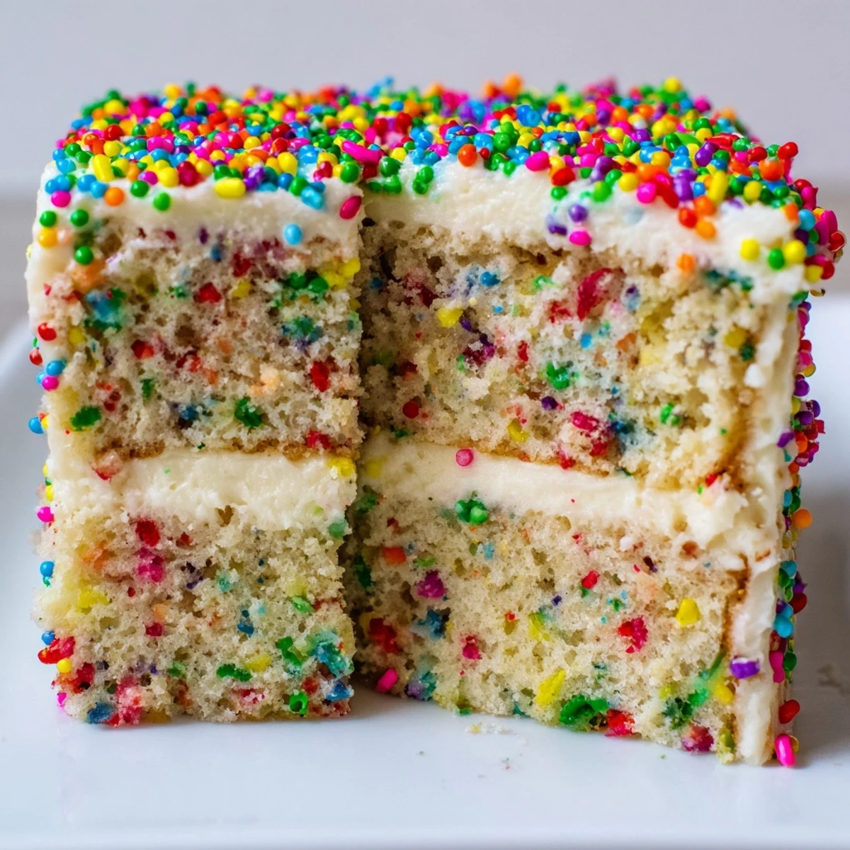 Homemade confetti cake topped with creamy vanilla buttercream and colorful sprinkles perfect for birthday celebrations