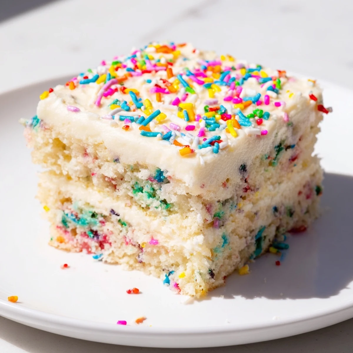Festive confetti cake speckled with vibrant sprinkles and generously frosted with rich buttercream for special occasions