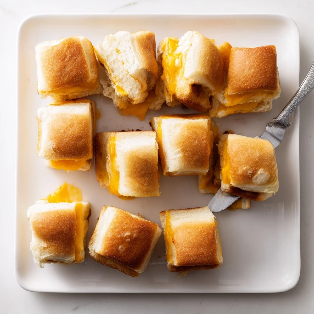 Golden mini grilled cheese Hawaiian rolls with melted cheddar on a baking sheet