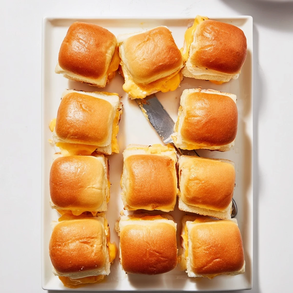 Warm sweet Hawaiian roll grilled cheese bites with melted cheese and golden buttery tops