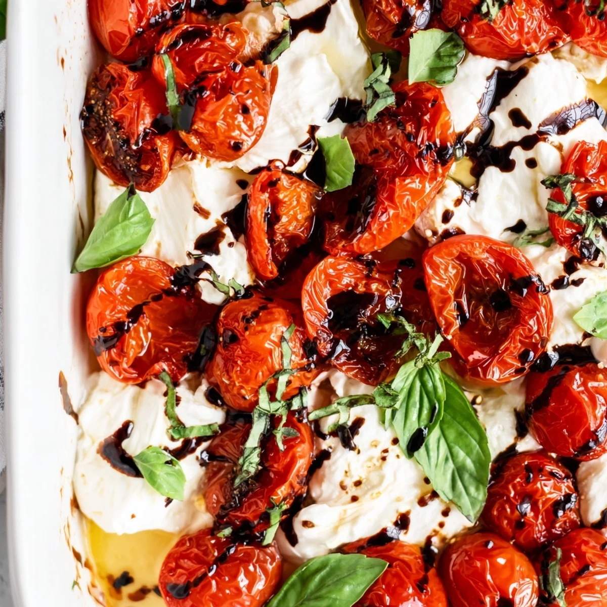 Golden roasted tomato burrata dip with melted creamy cheese center and fresh basil garnish