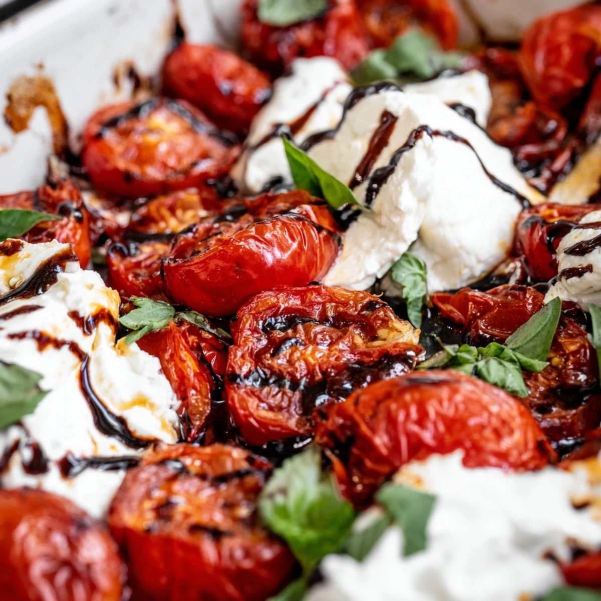Creamy burrata cheese nestled over sweet roasted cherry tomatoes drizzled with balsamic glaze