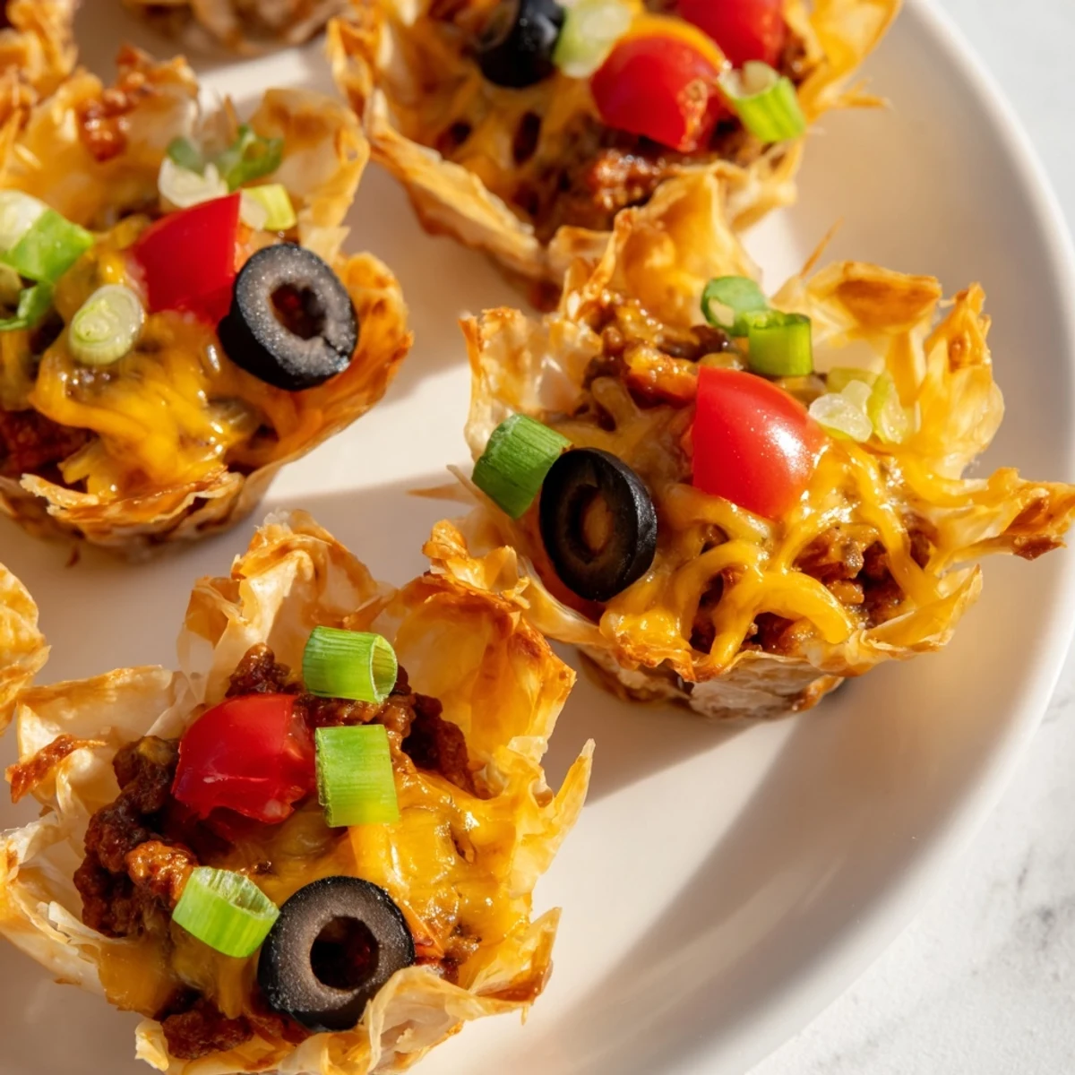 Tex-Mex style Taco Ranch Bites garnished with diced tomatoes and black olives