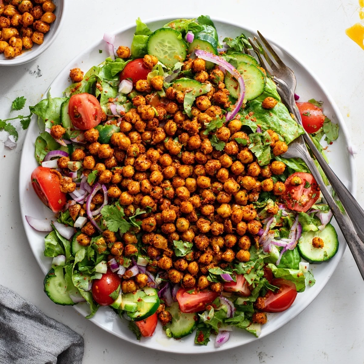 Crispy chili lime chickpea salad with golden roasted chickpeas over fresh mixed greens and colorful vegetables