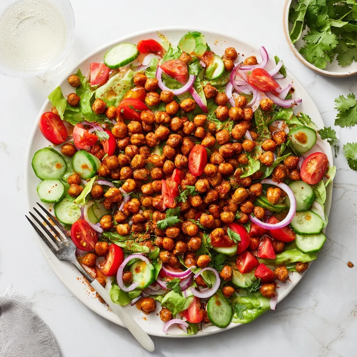 Vegan crispy chili lime chickpea salad featuring zesty roasted legumes and tangy lime dressing on crisp greens